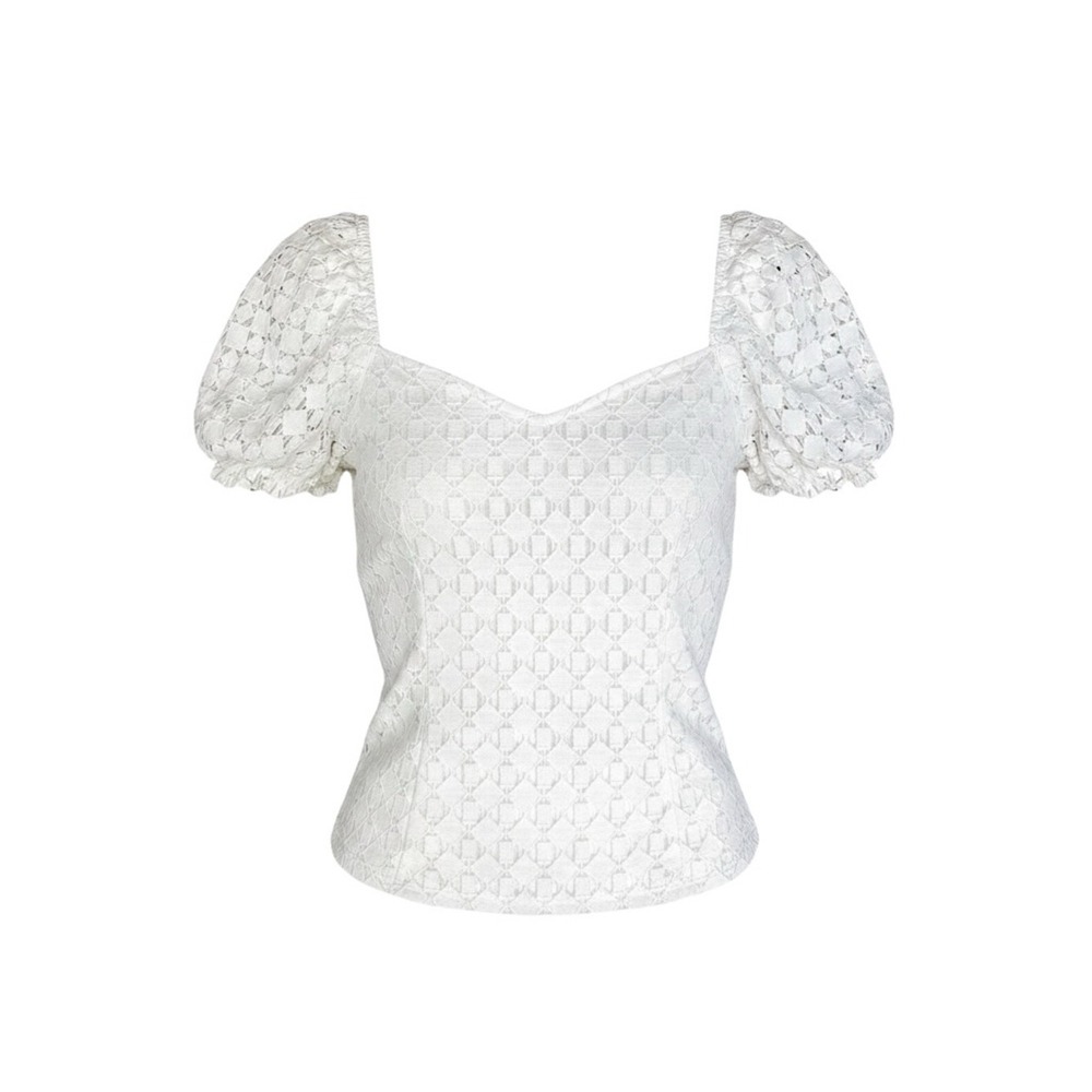 Coquette White Eyelet‎ Puff Sleeve Blouse Sweetheart Milkmaid Top L Cottagecore